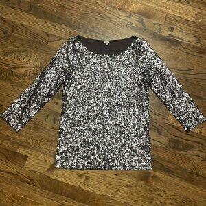 J Crew Sequin Top Tee Silver 3/4 Sleeve Size S